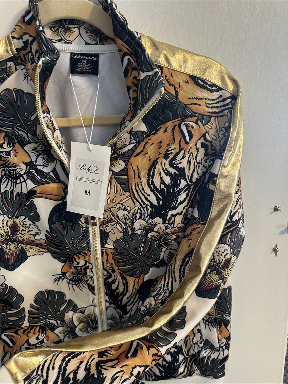 Tropical Tiger Print Bomber Jacket with Gold Accents - Picture 5 of 5